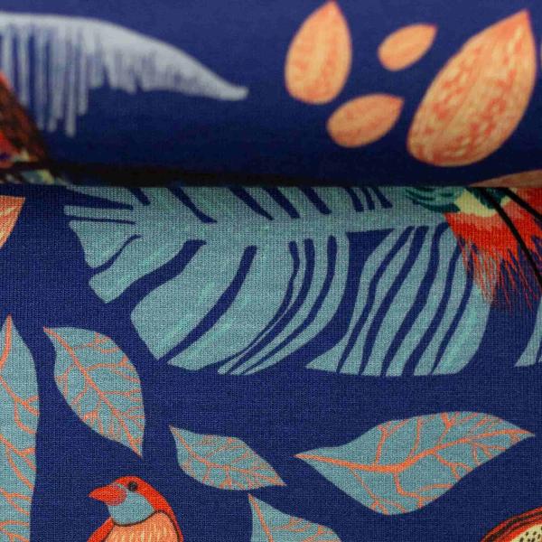 Viskose-Jersey Birds of Paradise by Bienvenido Colorido - blau-bunt, Blätter und Vögel